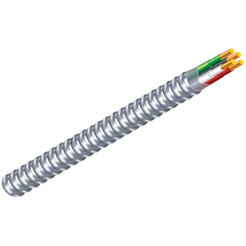 Image of Southwire 12 /3 Solid Copper Armorlite MC Cable, 100 ft - Metal Clad, Aluminum Armor, THHN /THWN Insulated, 600V Rated, Black /Green /Red /White