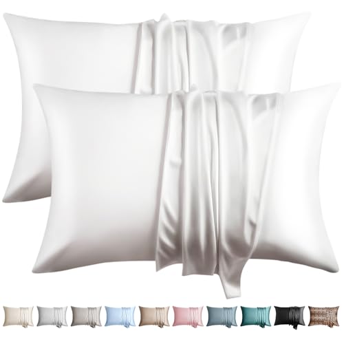 Image of 100% Silk Pillow Cases 2 Pack Queen Size Mulberry Silk Pillowcase for Hair and Skin Set of 2 Highest Grade 6A Silk Soft Breathable Cooling with Hidden Zipper, White