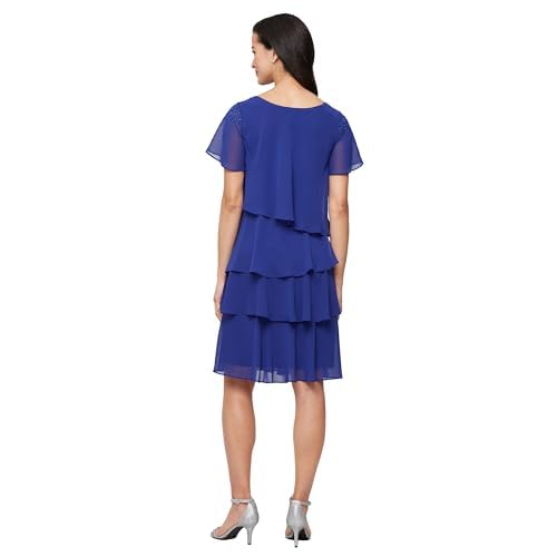 Image of S.L. Fashions Women's V-Neck Chiffon Cocktail Dress with Beaded Shoulders and Asymmetrical Tiers (Petite and Regular Sizes)