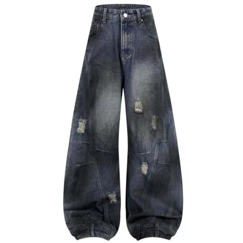 Men's Wide Leg Ripped Patchwork Jeans, Vintage Denim, Loose Fit, Streetwear Hip Hop Style2