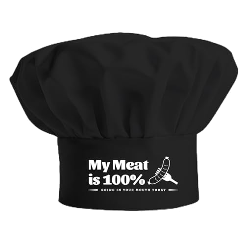 PLIGREAT Divertido gorro de chef ajustable para cocinar, negro, para barbacoa, bonito patrón de tenedor de salchicha, sombrero de chef para hombres y mujeres, padre, madre, marido, esposa, Negro