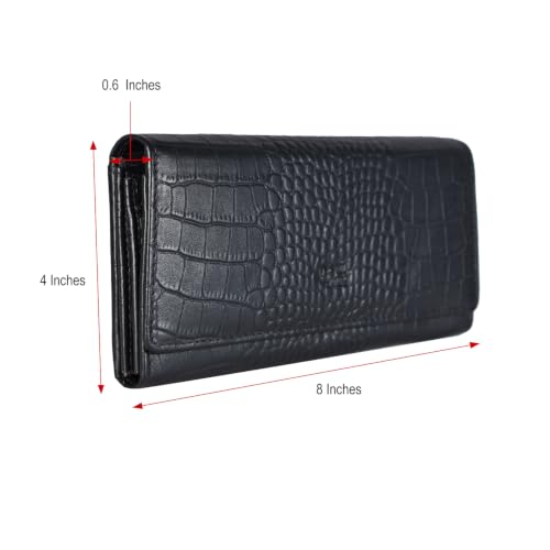 Image of Women's Top Grain Leather Wallet, RFID Blocking Bifold clutch, 17 Card Slots, Zip Pocket Organizer, Elegant Gift for Women - Birthday, Valentine, Anniversary - Croco Black