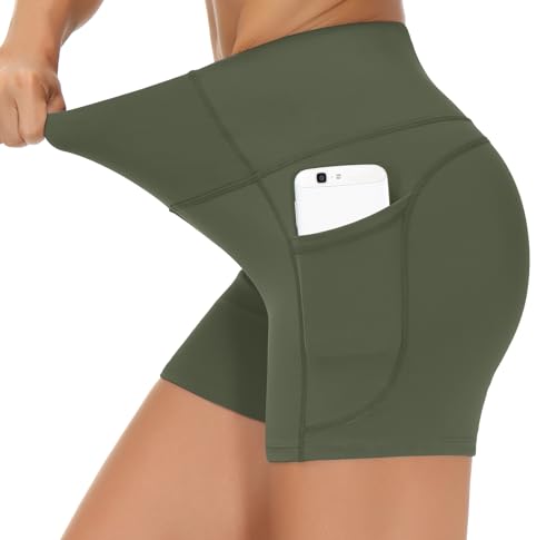Image of THE GYM PEOPLE High Waist Yoga Shorts for Women's Tummy Control Fitness Athletic Workout Running Shorts with Deep Pockets
