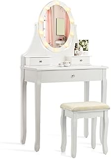 CASART Vanity Table Set, 2-in-1 Dressing Table with Cushioned Stool, 10 LED Rose Lights & Removable Top, 3 Drawer Makeup Dresser Desk for Dressing Room Bedroom, White