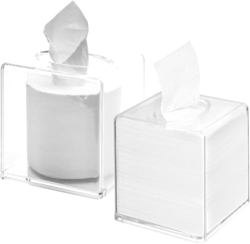 Voittozege 2 Pack Square Acrylic Clear Tissue Boxes, 5 x 5 x 5.5 Inch Acrylic Tissue Box Cover Cube Facial Tissue Box Holder Clear Roll Tissue Box for Bathroom Kitchen Vanity Bedroom