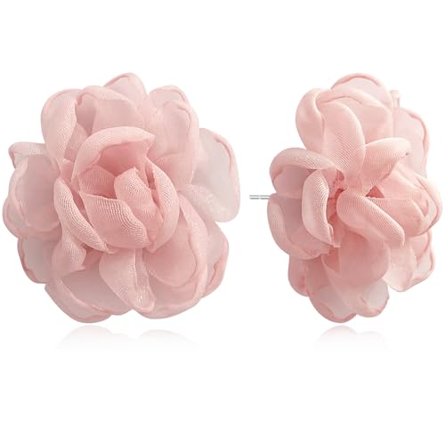 SLSF Bohemian Handmade Fabric Chiffon Rose Flower Lightweight Stud Earrings Gauze Unique Simulation Stereoscopic Floral Petal Earrings For Women Jewelry Gift (Pink)