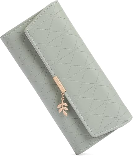 aurrako Wallets for Women Leather Clutch Credit Card Holder RFID Trifold Ladies Wallets Coins Zipper Pocket with ID Window Large Capacity (Sage Green)2