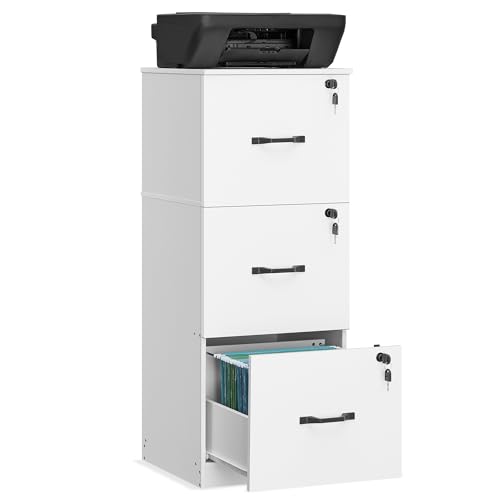 VASAGLE Meuble de Bureau, Meuble de Rangement, Support pour Imprimante, avec 3 Tiroirs Verrouillables, Tringles Réglables, Compatible avec Formats A4, Blanc Nuage OFC055W14