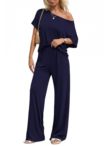 KIRUNDO Lounge Sets for Women Airport Travel Outfit 2026 Summer Off the Shoulder Tops Wide Leg Pants 2 Piece Matching Set(Navy, X-Large)