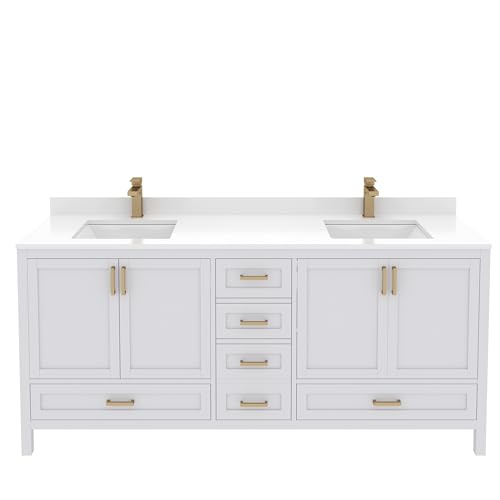 Rooh-72-in-White-Double-Sink-Bathroom-Vanity-Set-with-White-Quartz-Countertop-4-Soft-Closing-Doors-5-Full-Extention-Soft-Close-Drawers-Gold-Hardware Rooh 72 in White Double Sink Bathroom Vanity Set with White Quartz Countertop 4 Soft Closing Doors 5 Full Extention Soft Close Drawers Gold Hardware