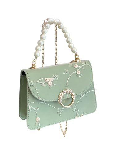 Women's Floral Pearl Flap Shoulder Handbags Top Handle Square Satchel Purse with Chain Strap