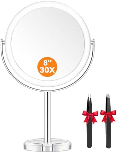 Auxmir Kosmetikspiegel 8 Zoll, 30X/1X Doppelseitiger Vergrößerungsspiegel | 20 cm Durchmesser HD Schminkspiegel, 360° Drehbar, Abnehmbarer Tischspiegel für Make-Up, Rasur, Augenbra