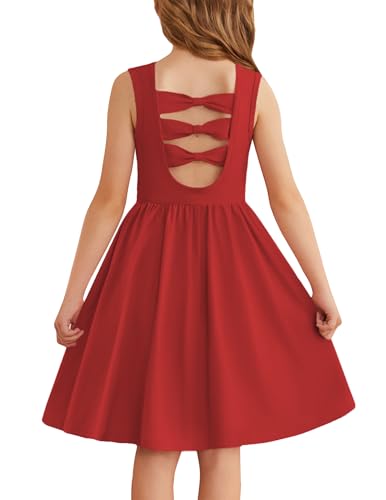 Arshiner Niñas Vestidos Sin Mangas Niños Volver Lazo Vestido de Verano Infantil Algodón Elegante Vestidos Ocio con Cuello Redondo Swing Vestidos Fiesta para Niñas 11-12 Años Rojo