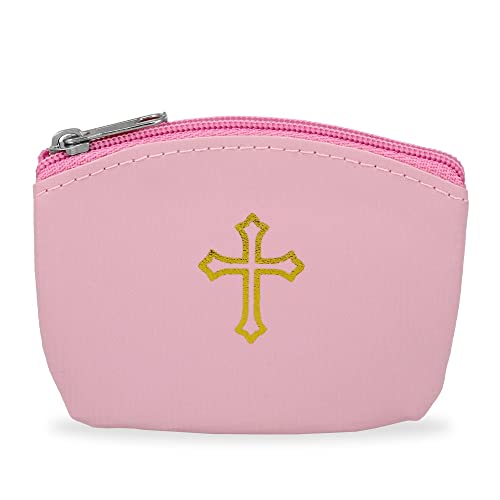 Pink Rosary Pouch with Zipper & Gold St. Thomas Cross Imprint | Compact Leatherette Rosary Case for Small to Medium Rosaries | Protective Travel Rosary Holder for Men & Women
