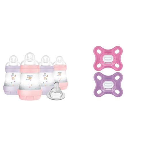 Image of MAM Easy Start Anti-Colic 5oz Slow Flow Breastfeeding-Like Silicone Nipple Baby Bottle Reduces Gas & Reflux, MAM Comfort 100% Silicone Pacifier Girl 0-3 Months 2 Count