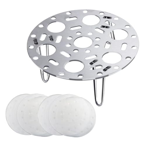 Qaixwuyi Rejilla de acero inoxidable con 50 vaporeras de papel, redonda, con orificio para huevos, soporte de cocina al vapor, uso para ollas, verduras, frutas, albóndigas, pan, 17,5 x 5 cm
