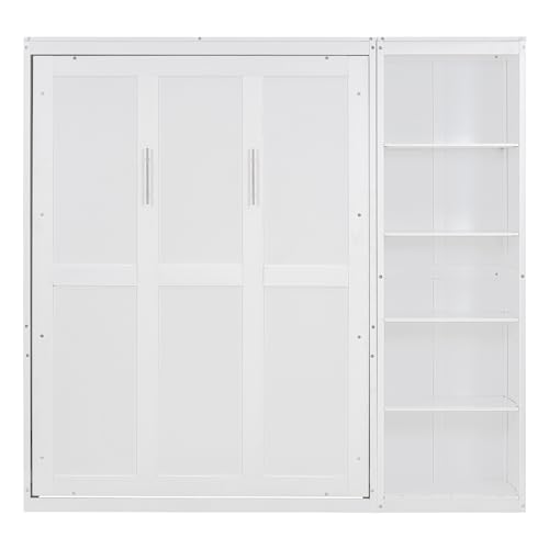 Image of Merax Space-Saving White Murphy Bed Full Size with Adjustable Storage Shelves, Multifunctional Foldable Wall Bed for Small Spaces Studio Study Office Guest Room