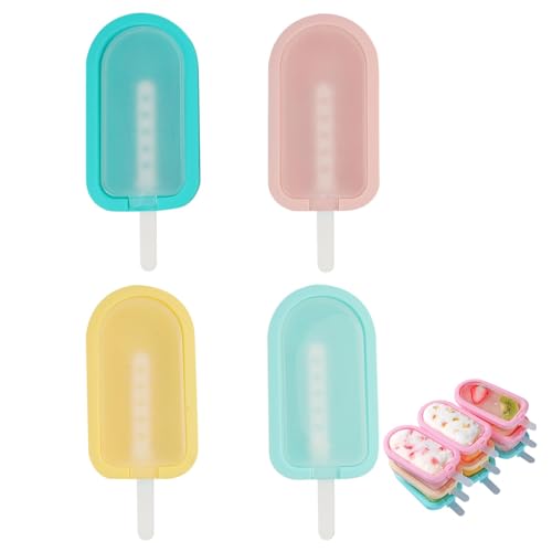 Blackfriday,4 Pieces Ice Cream Moulds with Sticks - Reusable Silicone Ice Lolly Molds, Mini Ice Cream Maker with Non-Spill Lid, Popsicle Molds Set for DIY Homemade Desserts,Cybermonday
