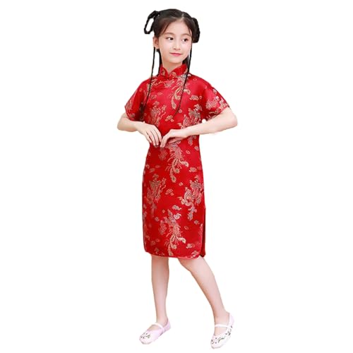 Robe Chinoise Fille Qipao Fille Traditionnel Deguisement Chinoise Enfant Motif Phénix Robe à Manches Courtes pour Enfants Élégant pour Fête d'anniversaire...