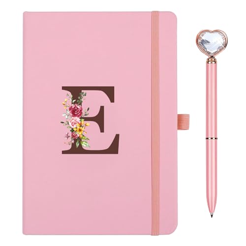 Diario de Viaje con inicial Cuaderno de Cuero con Bolígrafo de Diamante de Corazón, Diario Personal para Hija Niña Mujeres Amigas Profesores Cumpleaños Graduación Día de la Madre Rosa (E)