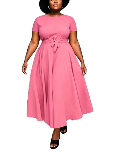 Image of Hostoyo Women Plus Size Formal A Line Maxi Dress Self Tie Waist with Pockets Elegant Round Neck Swing Long Dresses