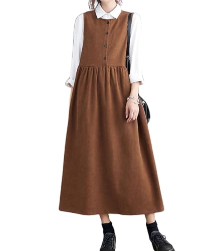 chouyatou Women's Cute Sleeveless Corduroy Overall Dress Jumper Midi Babydoll Tank Dress with Pockets