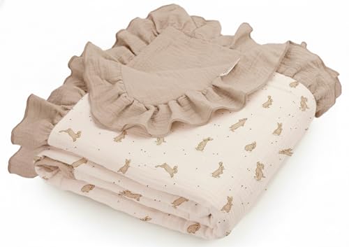 Image of Muslin Ruffled Baby Blanket, Extra Large 52 x 52 Inches, Soft Breathable Cotton Crib Blanket for Newborn Infant Toddler (Hoppy Dreams-Ruffled, Printed)
