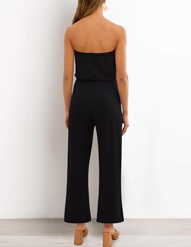 ZESICA Women's Casual Off Shoulder Solid Color Strapless Belted Wide Leg Jumpsuit Romper4