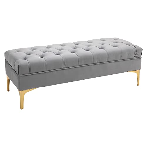 HOMCOM Banc Banquette capitonnée Bout de lit Style Classique Chic dim. 118L x 45l x 42H cm piètement métal doré Velours Gris Clair