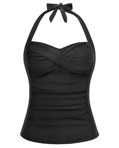 Women Tankini Bathing Suit Top - Halter Swim Tops Only Tummy Control No Bottom Swimwear Black L