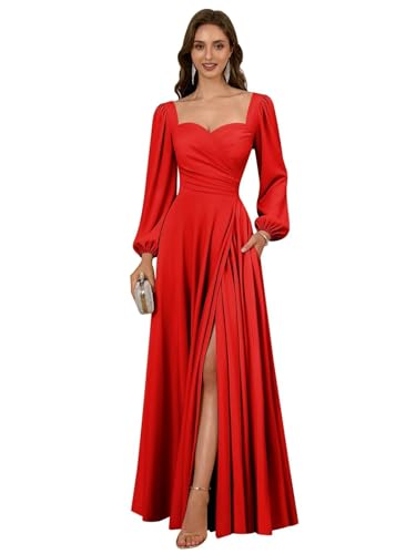 ZOOYYUE Langarm Brautjungfernkleider für Hochzeit - Satin Plissee Abendkleider Lang mit Schlitz A-Linien Maxi Kleider für Hochzeitsgäste