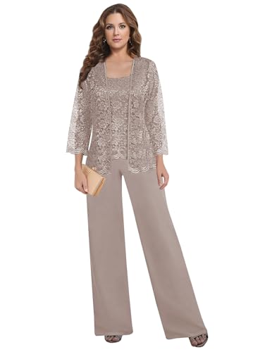 3 Pieces Mother of The Bride Pant Suits for Women Dressy with Jacket Lace Chiffon Long Sleeve Formal Wedding Outfit Wisteria 44