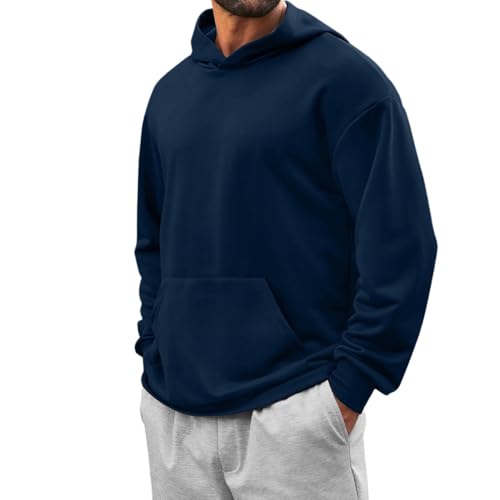 Hoodie for Men Fashion Solid Color Crewneck Pullover with Pockets Fall Clothes Casual Long Sleeve Comfort Sweatshirt