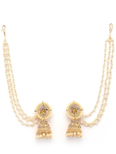 Image of Sukkhi Fashion-Forward Ethnic 18k Gold Plated with Kundan & Pearls Studded Long Earchain with Jhumka /Jhumki Earring Jewellery For Women & Girls|E107335