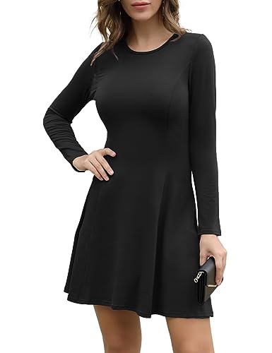 Aphratti Women's Long Sleeve Fall Dresses Casual Basic Crew Neck A-Line Fit and Flare Skater Dress Large Black