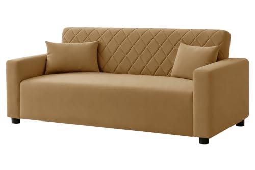 Image of Rosebell 3 Seater Wooden Sofa for Living Room, Modern Fabric Upholstered Sofa with Quilted Backrest, Cushioned Seating, Padded Armrests & Sturdy Wooden Frame - Golden