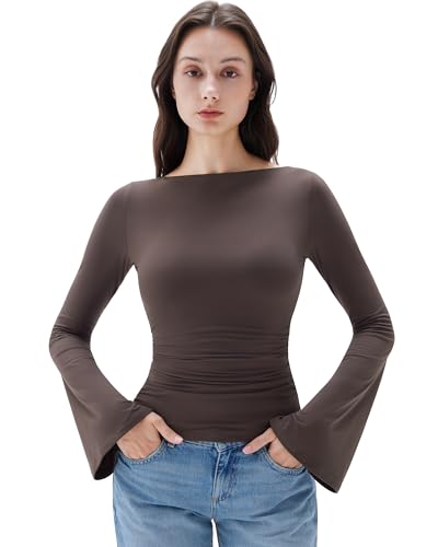 SUUKSESS Women Crew Neck Bell Sleeve Tops Double Lined Going Out Fitted Basic T Shirts