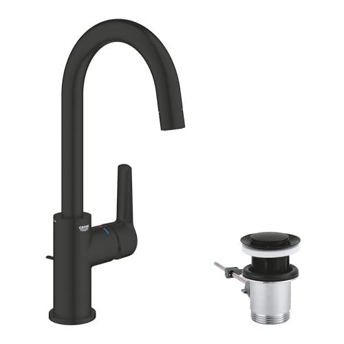 GROHE Start Waschtischarmatur hoch wassersparend (Wasserhahn für das Bad schwenkbar Zugstangen-Ablauf 31cm hoch mit 3in1 Werkzeug einfache Installation am Waschbecken) schwarz 242032432