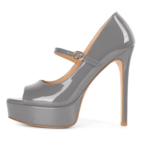 Image of SAMMITOP Women's Peep Toe High Heels Platform Stiletto Pumps Patent Mary Jane Heels 5.5 inch Party Wedding Dress Shoes