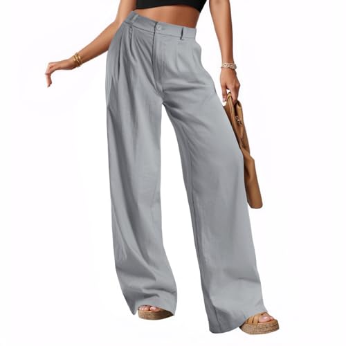 keriffe Women's Linen Wide Leg Palazzo Pants Loose Fit Casual Pants with Pocekts High Waist Button Work Office Slacks