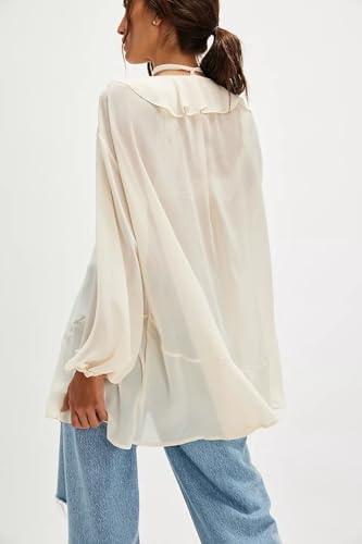 UAURORAO Women Ruffle Sheer Top Long Sleeve See Through Mesh Blouse Tops Oversized Flowy Chiffon Tunic Shirts2