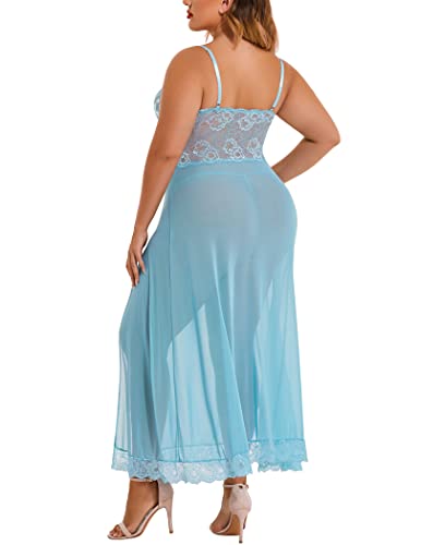 Image of Avidlove Plus Size Lingerie for Curvy Women Long Lace Babydoll Nightdress | V neck sheer mesh nightgown,g-string included,high side slits,adjustable straps,curve-flattering fit,maternity photoshoot