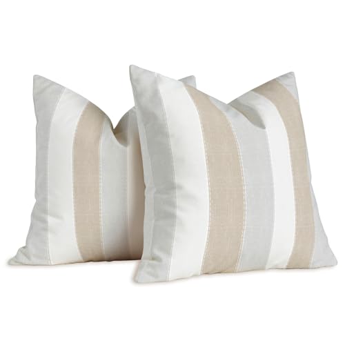 Brylleii Lot de 2 Housses de Coussins Rayures Blanc 50x50cm Beige Gris Housse Coussin Moderne Coussin Decoratif Canape Taie d'oreiller Vintage Lin Decoration...