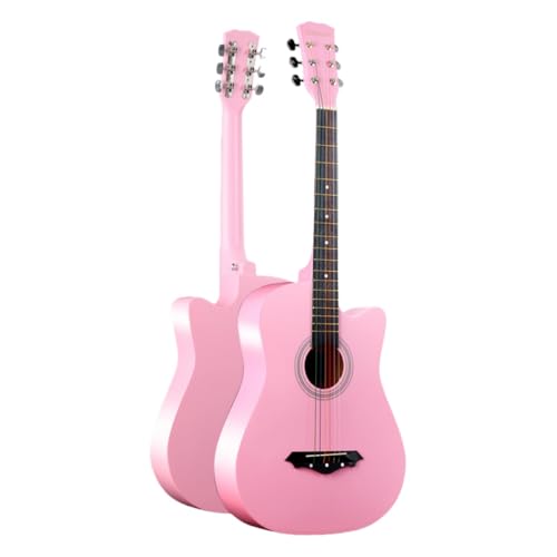 TZZT アコースティックギター 初心者 15点セット 学生 大人用 初級 アコギギター セット 38インチ 入門練習用 (ピンク)
