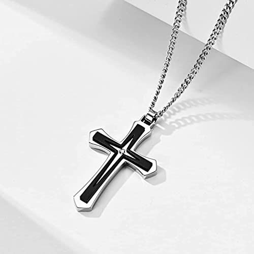JO WISDOM Cross Necklace 316L Stainless Steel Titanium Steel Cross Crucifix Pendant Cross Black and Silver Religious Jewelry for Men and Women with Pearl Chain3