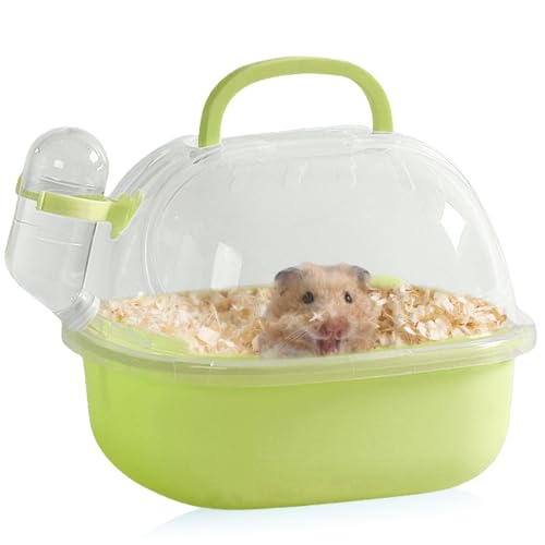 Cage de transport portable pour hamster avec bouteille d'eau, 20 x 18 x 19 cm, avec fentes d'aération, pour gerbilles, souris, hamsters nains (vert)