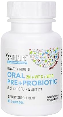 StellaLife Probiotics Oral PRE+PROBIOTICS LOZENGES, Dental Probiotics for Healthy Teeth/Gums, Bad Breath, VIT C & D, Zinc, Xylitol, Strawberry Flavor