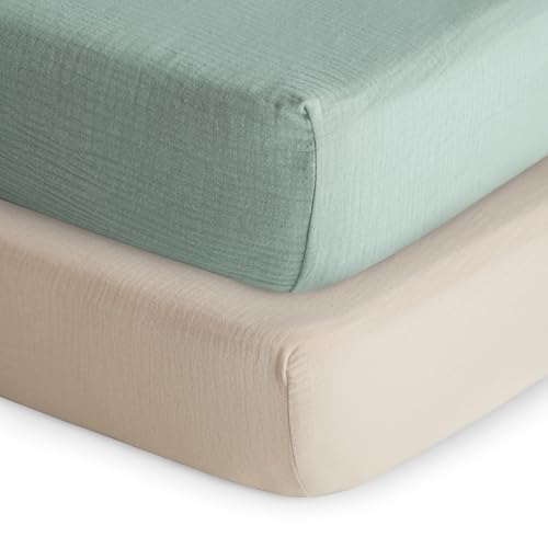 Image of mushie Extra Soft Muslin Fitted Crib Sheet 2-Pack | 192 Thread Count | 28"x 52" (Roman Green/Fog)