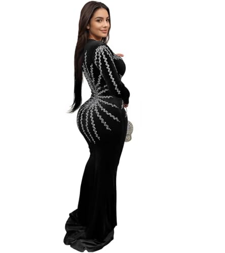 Image of PORRCEY Women's Sexy Rhinestone Lace Sheer Mesh Formal Evening Dress