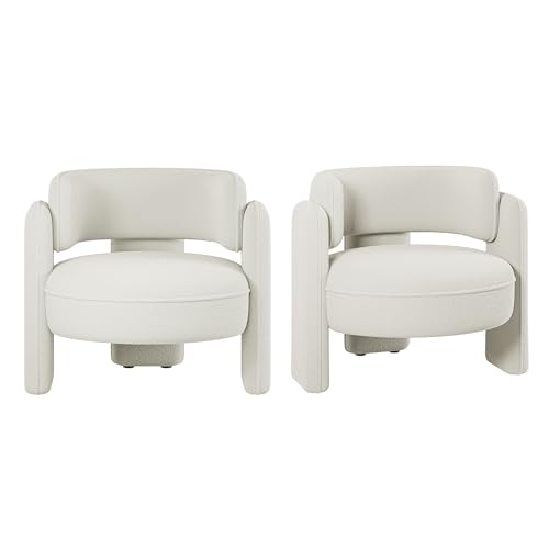 Image of BELLEZE Sherpa Boucle Chair Set of 2, Modern Barrel Accent Chair Comfy Round Upholstered Armchair Accent Side Chair for Living Room, Bedrooms, Corner - Quinton（White）
